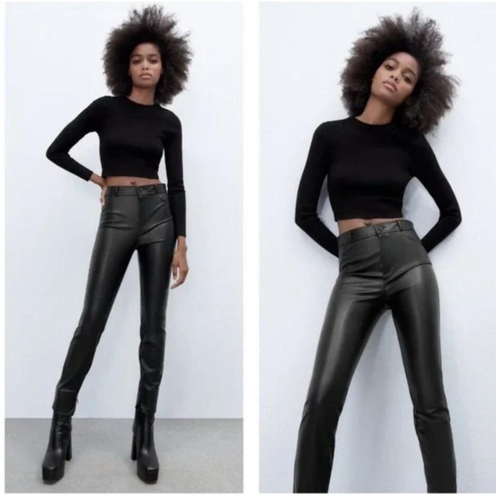 Zara Faux Leather High Rise‎ Zip Ankle Skinny Pants Leggings Black Size M